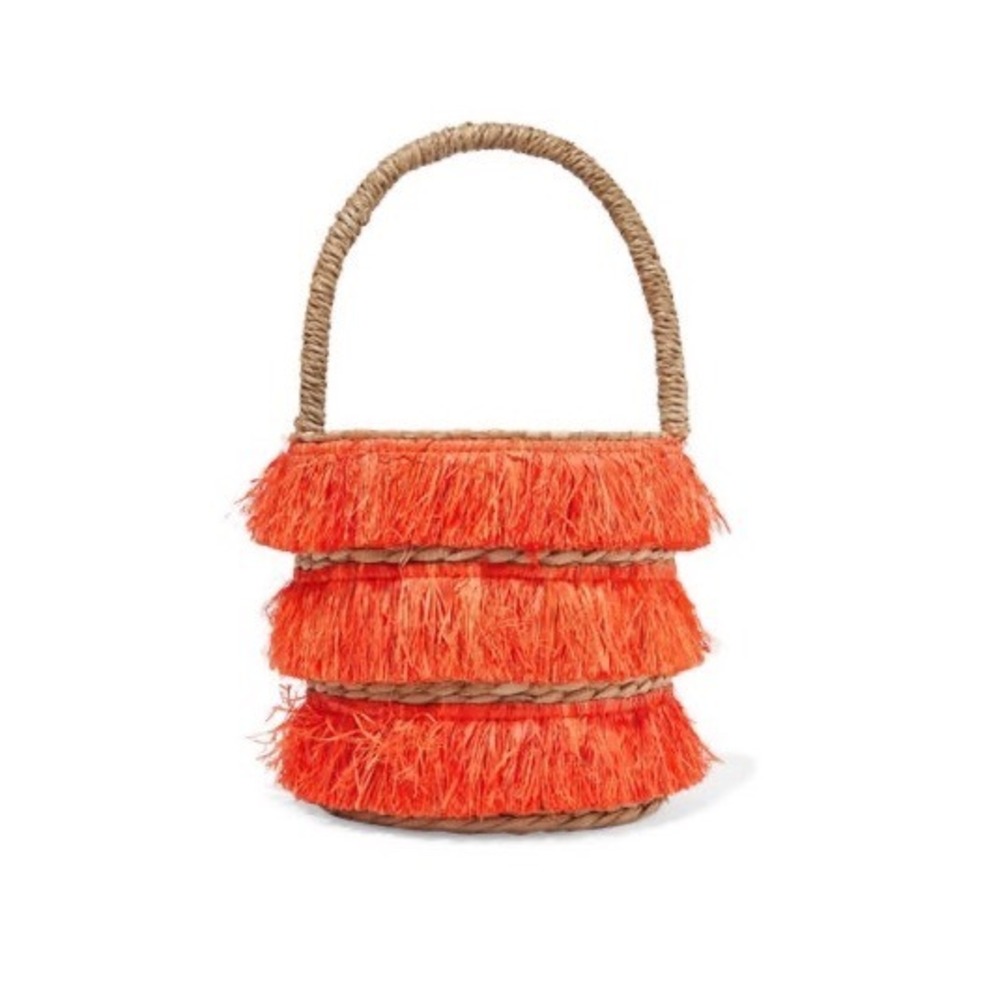 Kaya Lolita Bag Orange Raffia Fringe Straw Bucket Bag Drawstring Summer Tote